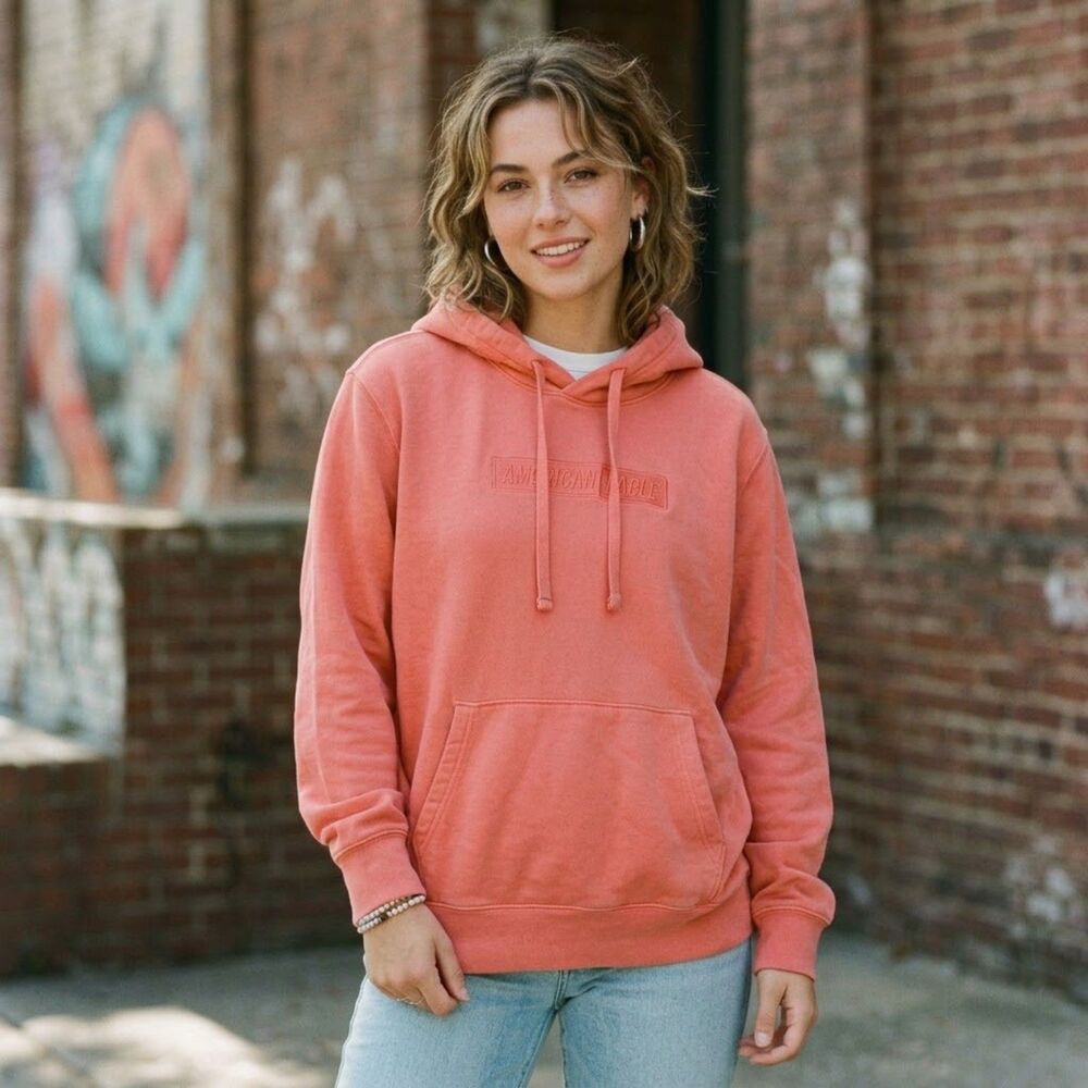 Y2k American Eagle Embroidered Hoodie Womens Size S Pink Oversized Soft Comfy